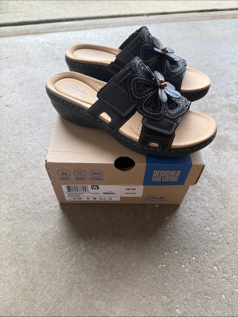 Clarks Black Leather Floral Slide Wedge Sandals